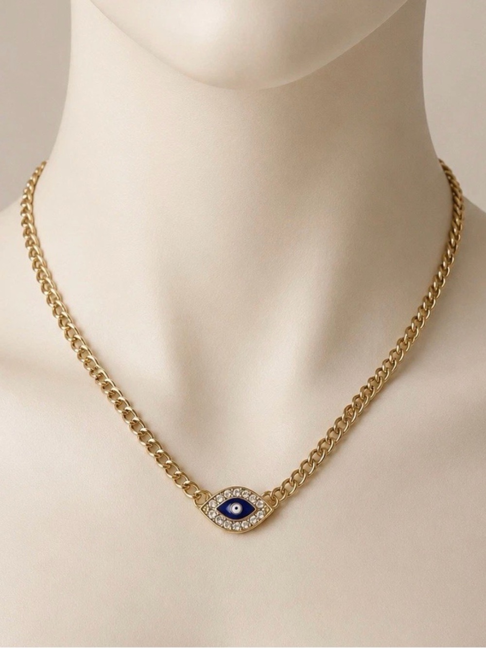 Moissanite Evil Eye Pendant Necklace Gold Tone Curb Chain Passes Diam. Tester